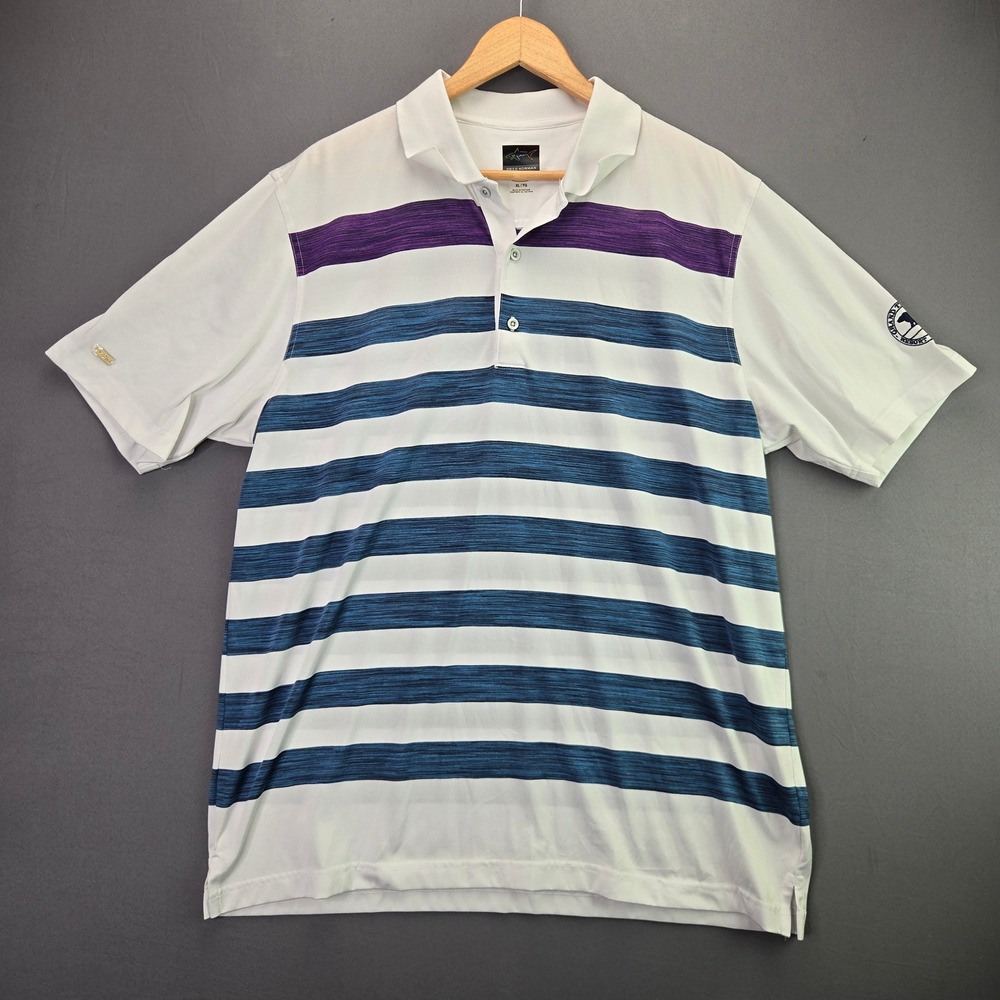 Greg Norman Polo Shirt Play Dry XL White Blue Striped Grand Traverse Resort Golf
